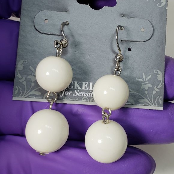 dressbarn Jewelry - Women's Stylish Silver tone White Beaded Drop Dangle Earrings, 1.75-in